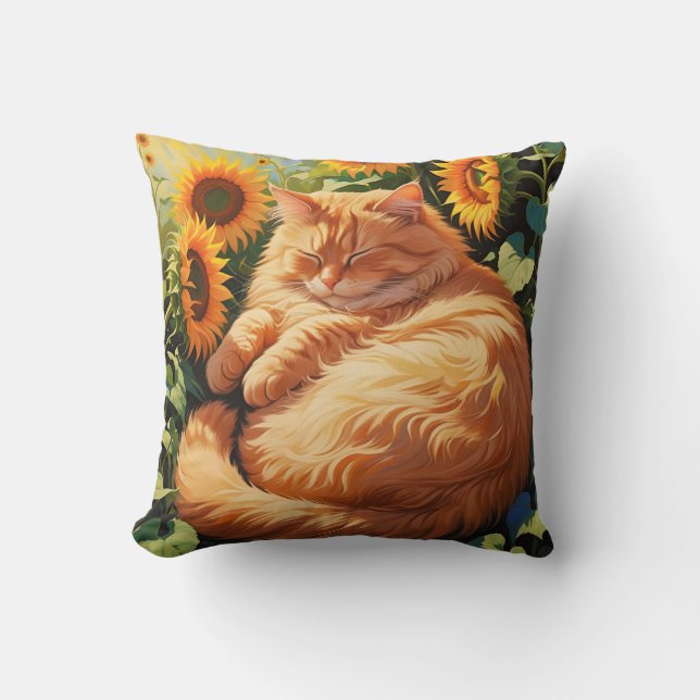 Sleepy Fat Orange Cat mit Sonnenblumen Kissen (Vorderseite)