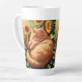 Sleepy Fat Orange Cat mit Sonnenblumen Milchtasse (Linke Ecke)