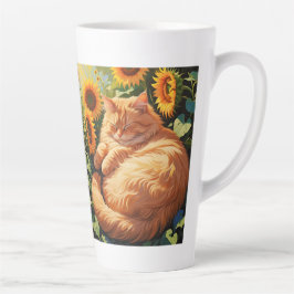 Sleepy Fat Orange Cat mit Sonnenblumen Milchtasse