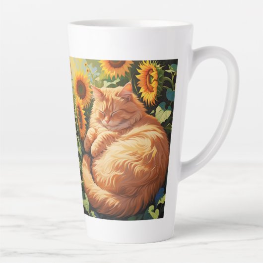 Sleepy Fat Orange Cat mit Sonnenblumen Milchtasse (Rechts)