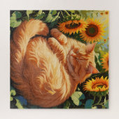 Sleepy Fat Orange Cat mit Sonnenblumen Puzzle (Horizontal)