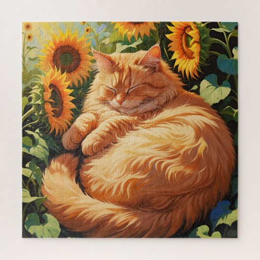 Sleepy Fat Orange Cat mit Sonnenblumen Puzzle (Vertikal)