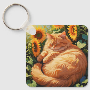 Sleepy Fat Orange Cat mit Sonnenblumen Schlüsselanhänger