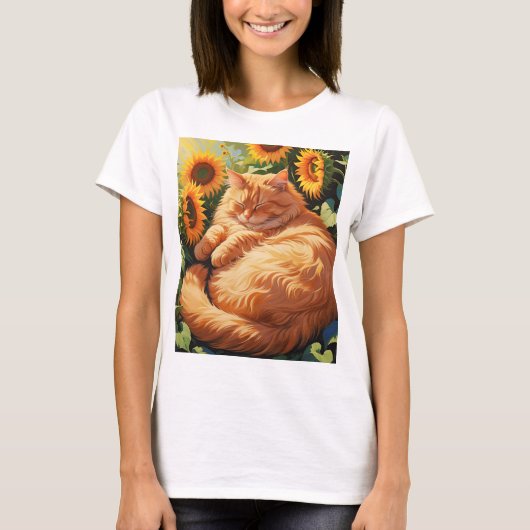 Sleepy Fat Orange Cat mit Sonnenblumen T-Shirt (Vorderseite)