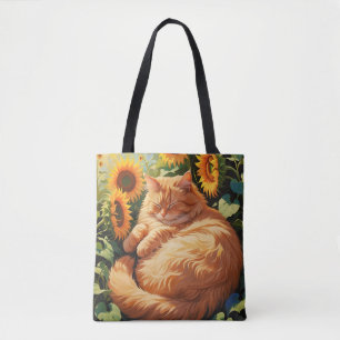 Sleepy Fat Orange Cat mit Sonnenblumen Tasche