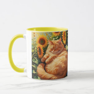 Sleepy Fat Orange Cat mit Sonnenblumen Tasse