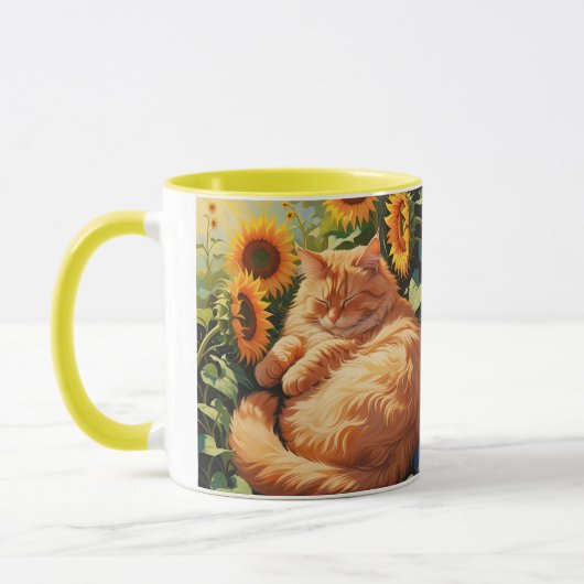 Sleepy Fat Orange Cat mit Sonnenblumen Tasse (Links)