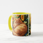 Sleepy Fat Orange Cat mit Sonnenblumen Tasse (Vorderseite Links)