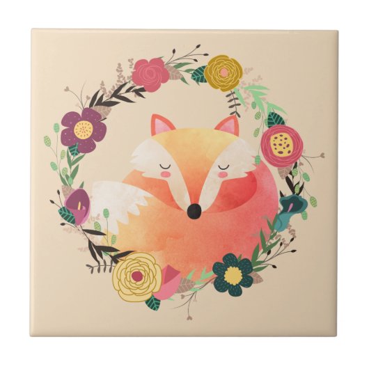 Sleepy Fox in Boho Blumenreath Fliese (Vorderseite)