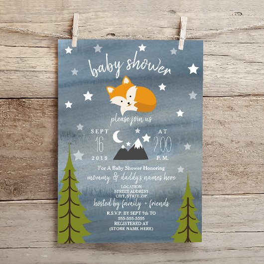 Sleepy Fox Mountains Watercolor Babydusche Einladung