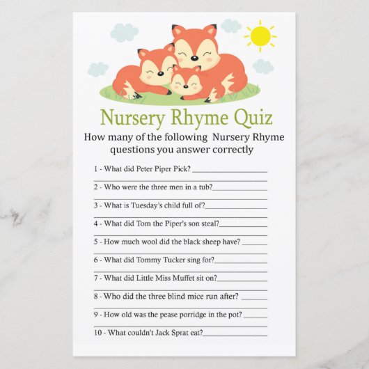Sleepy Fuchs Kinderzimmer Rhyme Quiz Kinderduschen (Vorderseite)