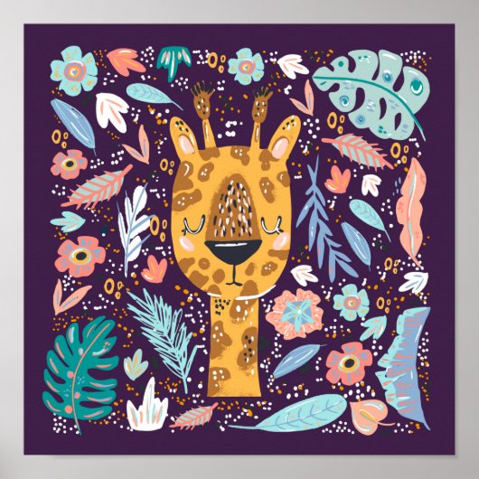 Sleepy Giraffe Tropisches Kinderzimmer im Lila Poster (Vorne)