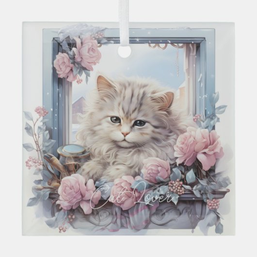 Sleepy Gray White Kitten Pink Blue Blumen Ornament Aus Glas (Vorderseite)