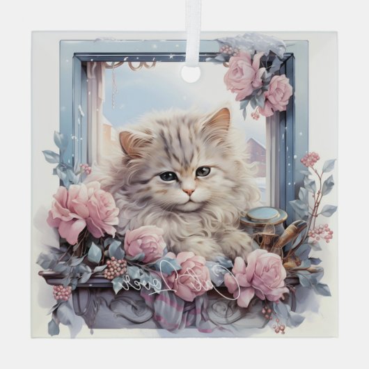 Sleepy Gray White Kitten Pink Blue Blumen Ornament Aus Glas (Rückseite)