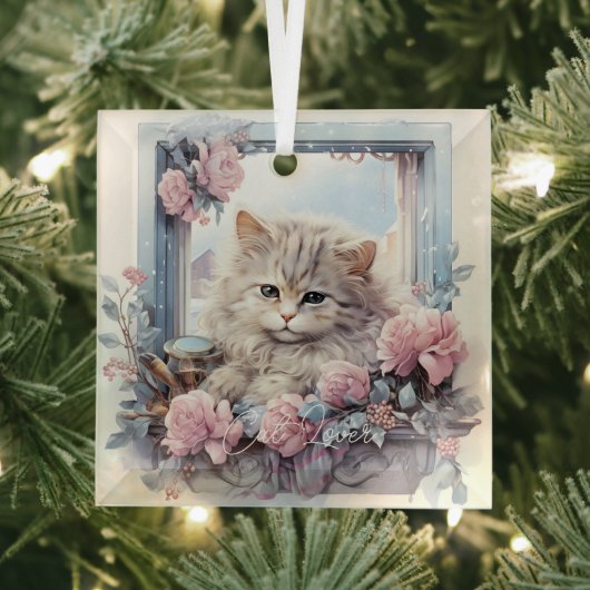 Sleepy Gray White Kitten Pink Blue Blumen Ornament Aus Glas (Insitu)