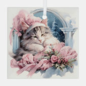 Sleepy Gray White Kitten Pink Frilly Kleidung Ornament Aus Glas (Rückseite)