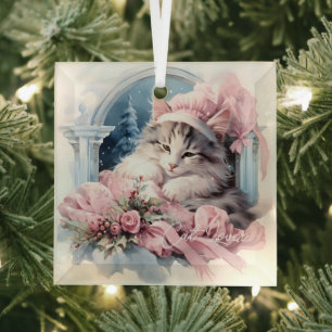 Sleepy Gray White Kitten Pink Frilly Kleidung Ornament Aus Glas