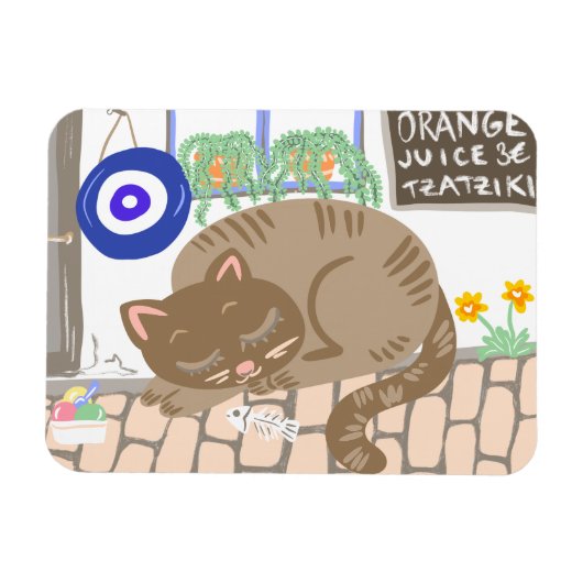 Sleepy Greek Taverna Cat Mediterranean Scene Magnet (Horizontal)