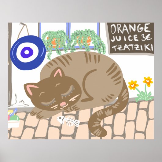 Sleepy Greek Taverna Cat Mediterranean Scene Poster (Vorne)