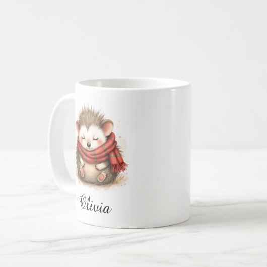 Sleepy Hedgehog in Cozy Scarf Custom Name Mug Kaffeetasse (Vorderseite Links)