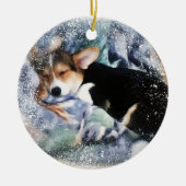 Sleepy Holiday Corgi Puppy Keramik Ornament (Vorne)