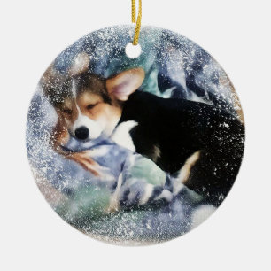 Sleepy Holiday Corgi Puppy Keramik Ornament