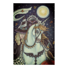 SLEEPY HOLLOW WITCH UNICORN OWL, HALLOWEEN FANTASY POSTER