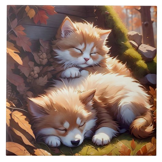 Sleepy Kitten and Puppy Herbstlaubs Portrait Art Fliese (Vorderseite)