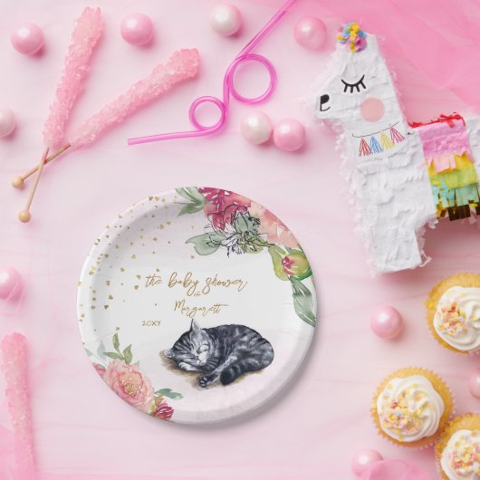 Sleepy Kitten Illustration Girl Babydusche Pappteller (Party)