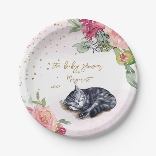 Sleepy Kitten Illustration Girl Babydusche Pappteller (Vorderseite)