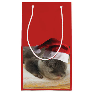 Sleepy Otter trägt einen Weihnachtsratthut Kleine Geschenktüte
