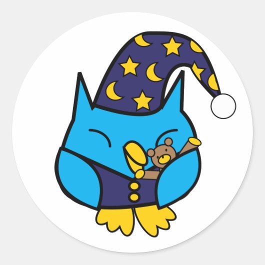 Sleepy Owl Teddy Bear Blue Runder Aufkleber (Vorderseite)