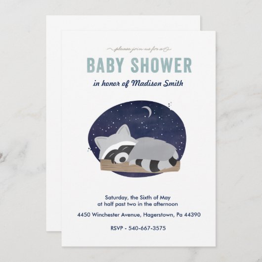 Sleepy Raccoon Einladung (Vorne/Hinten)