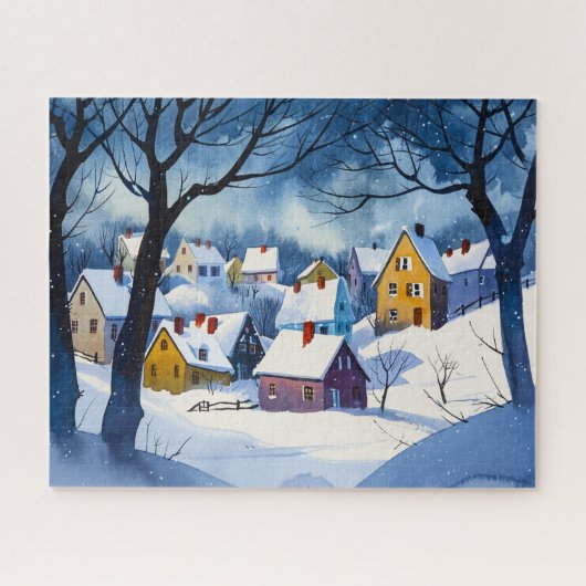 Sleepy Snowy Village - Aquarell Puzzle (Horizontal)