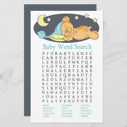 Sleepy Teddy Bär Baby Shooter Word Search Game (Vorne/Hinten)