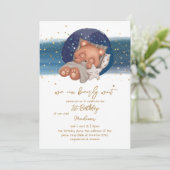 Sleepy Teddy Bear Baby Boy Erstgeburt Invitati Einladung (Stehend Vorderseite)