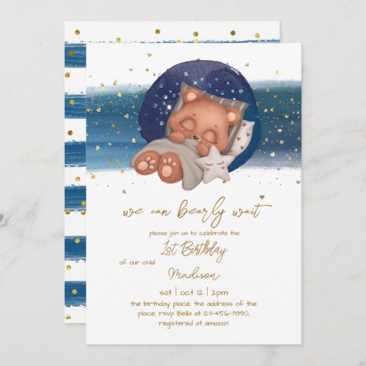 Sleepy Teddy Bear Baby Boy Erstgeburt Invitati Einladung (Vorne/Hinten)