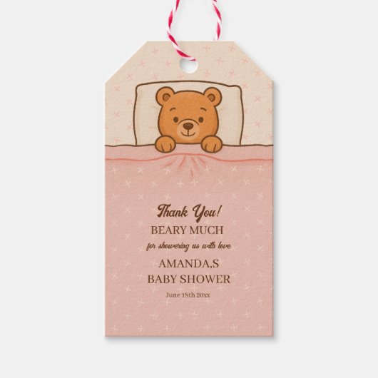 Sleepy Teddy Bear Light Pink Baby Dusche Geschenkanhänger (Vorderseite)