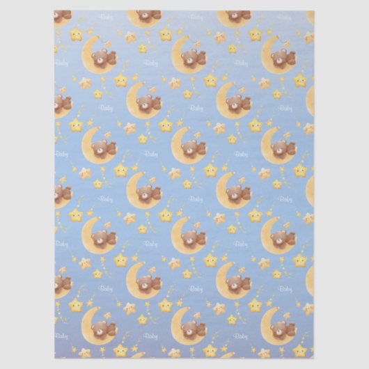 Sleepy Teddy Bear Moon Soft Blue Baby Shower Seidenpapier (Vorderseite)