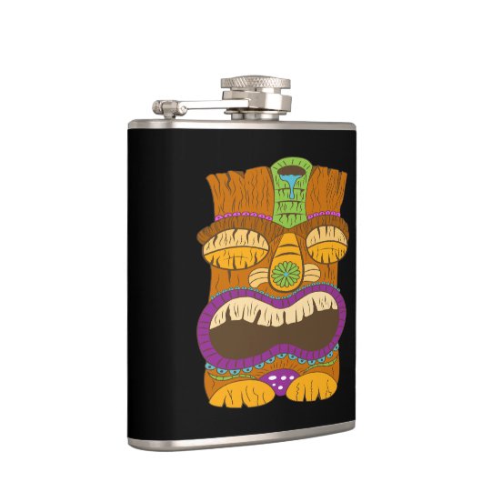 Sleepy Tiki Statue mit Open Mouth, Funny Black Flachmann (Rechts)