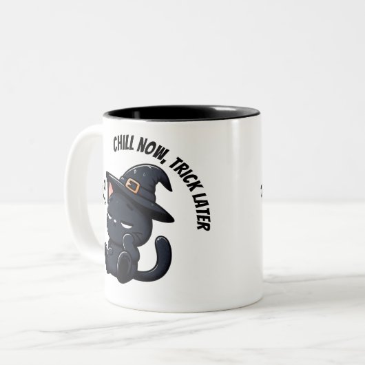 Sleepy Witch Cat Zzz Halloween Zweifarbige Tasse (Vorderseite Links)