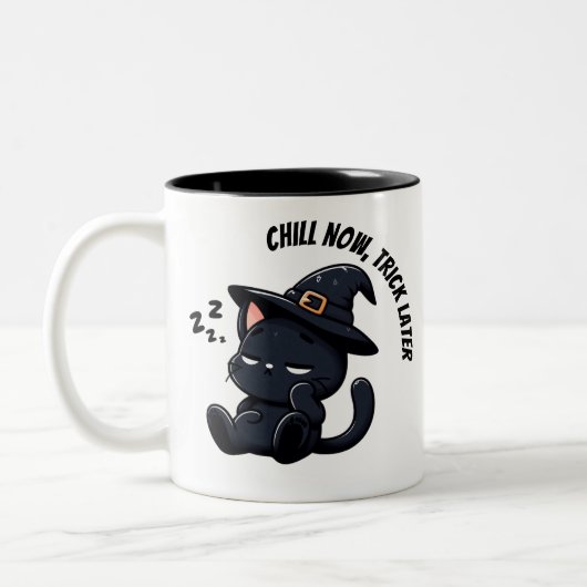 Sleepy Witch Cat Zzz Halloween Zweifarbige Tasse (Links)