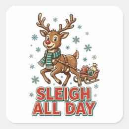 Sleigh All Day Vintage Rentier Weihnachten Retro Quadratischer Aufkleber