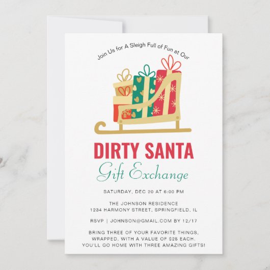 Sleigh Geschenkboxen Dirty Santa Gift Exchange Par Einladung (Vorderseite)