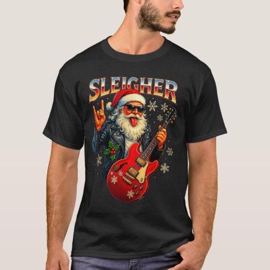 Sleigher Rock Santa Funny Metal Christmas Design  T-Shirt (Vorderseite)