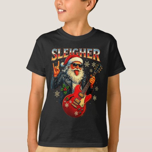 Sleigher Rock Santa Funny Metal Christmas Design T-Shirt (Vorderseite)