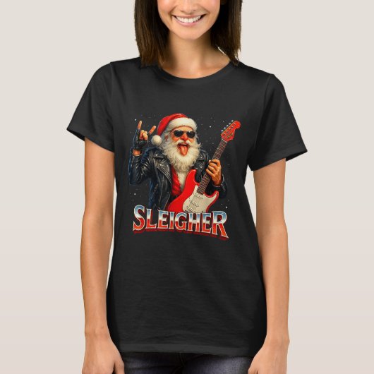 Sleigher Rock Santa Funny Metal Christmas Design T-Shirt (Vorderseite)