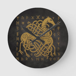 Sleipnir, Golden Nordeuropäisches Pferd mit Runens Runde Wanduhr