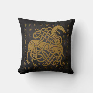 Sleipnir, Golden Norisches Pferd mit Runensymbol Kissen
