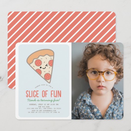 Slice Fun Pizza Kawaii Blue Foto Boy Birthday Einladung (Vorne/Hinten)